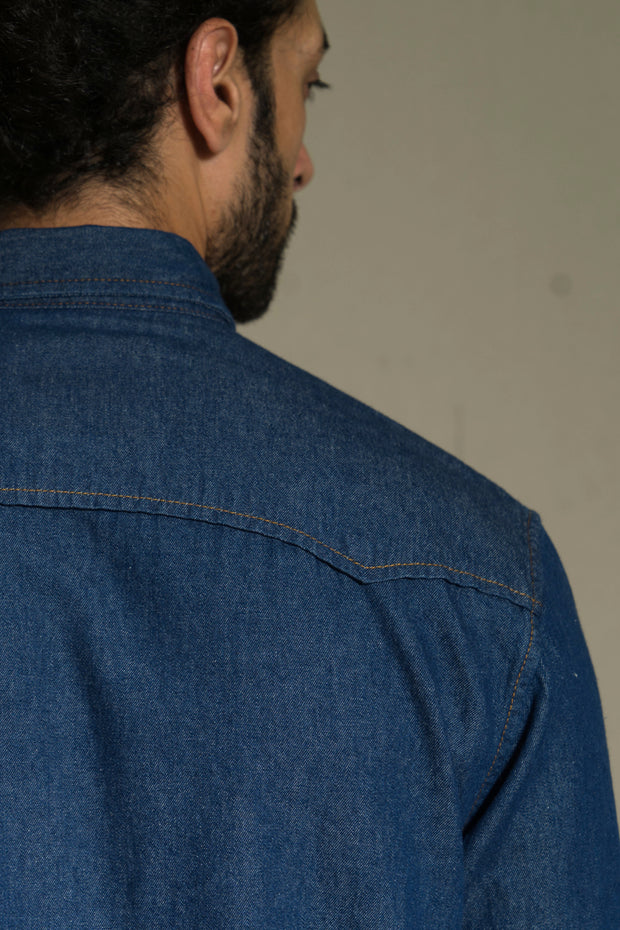 204 - Basic Double Flap Dark Indigo Denim Long Sleeve Shirt